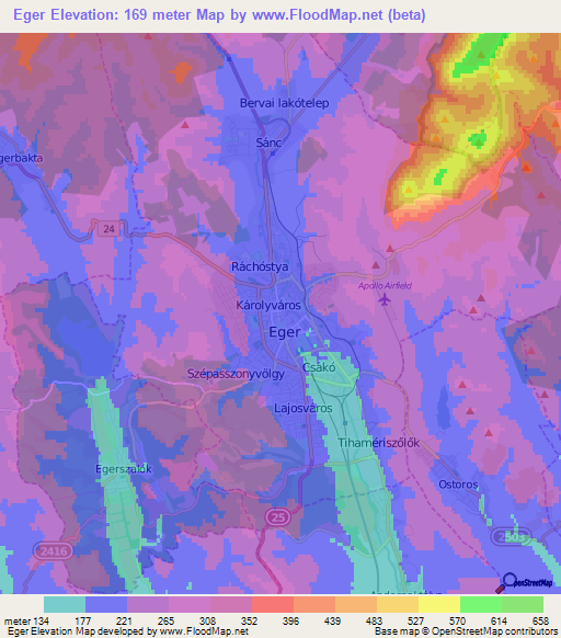 Eger,Hungary Elevation Map