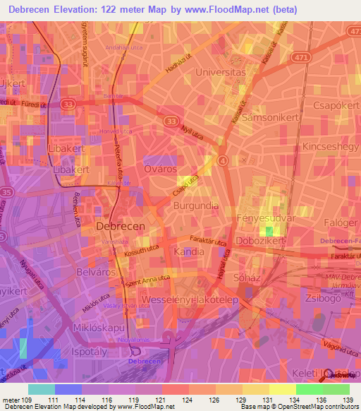 Debrecen,Hungary Elevation Map