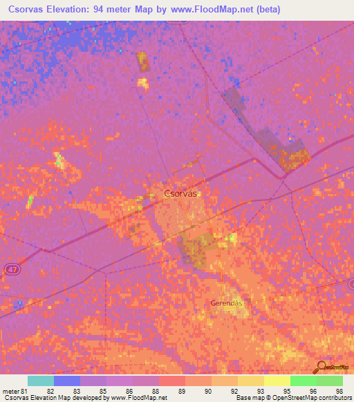 Csorvas,Hungary Elevation Map