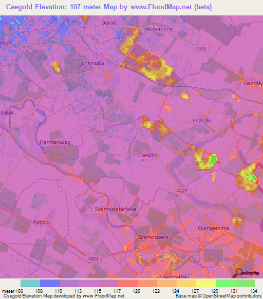 Csegold,Hungary Elevation Map