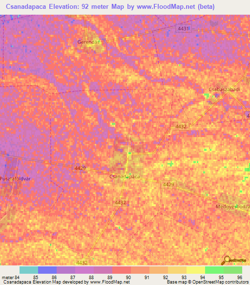 Csanadapaca,Hungary Elevation Map