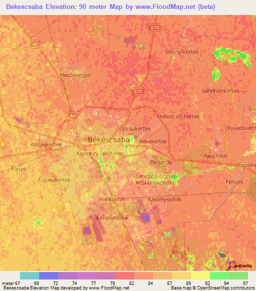 Bekescsaba,Hungary Elevation Map