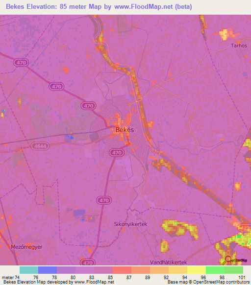 Bekes,Hungary Elevation Map