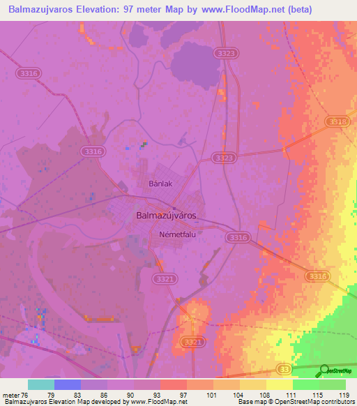 Balmazujvaros,Hungary Elevation Map