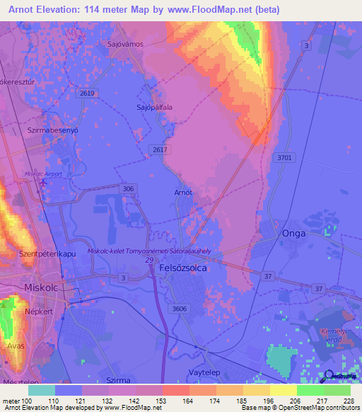Arnot,Hungary Elevation Map