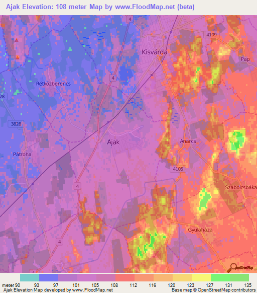 Ajak,Hungary Elevation Map
