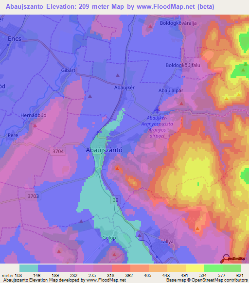 Abaujszanto,Hungary Elevation Map