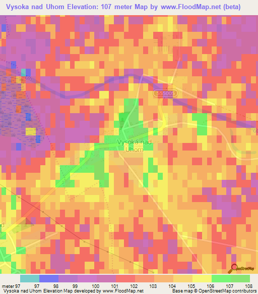 Vysoka nad Uhom,Slovakia Elevation Map