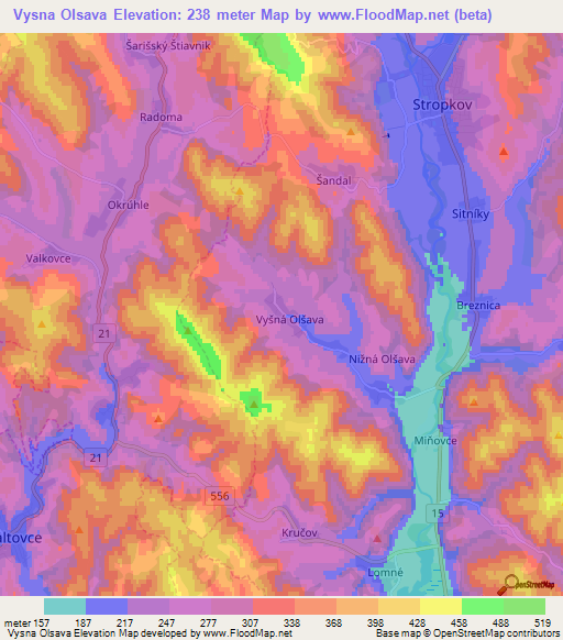 Vysna Olsava,Slovakia Elevation Map