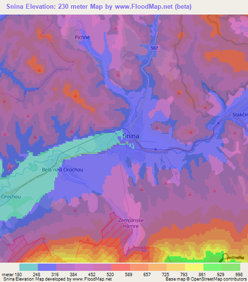 Snina,Slovakia Elevation Map