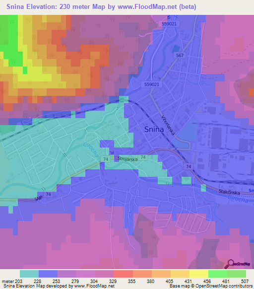 Snina,Slovakia Elevation Map