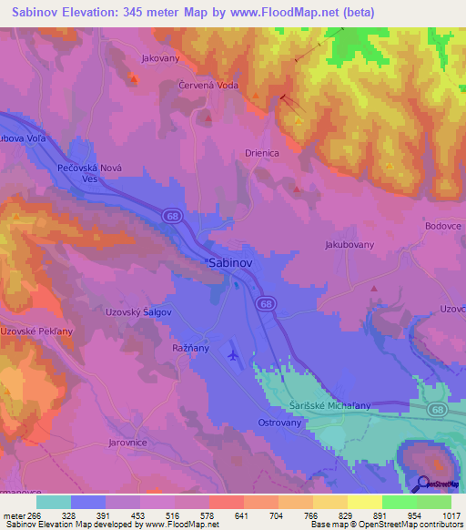 Sabinov,Slovakia Elevation Map