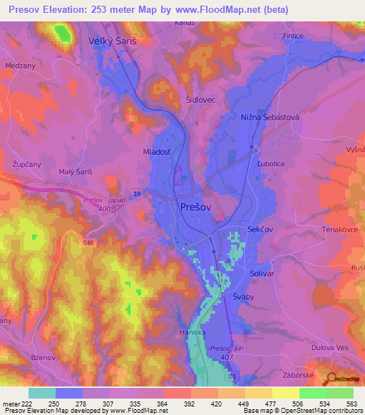 Presov,Slovakia Elevation Map