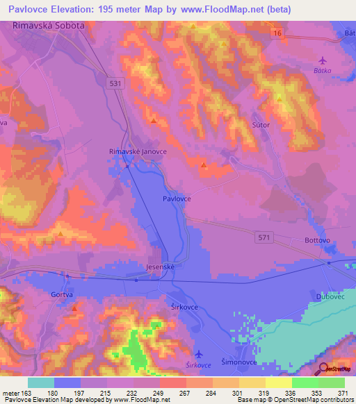 Pavlovce,Slovakia Elevation Map