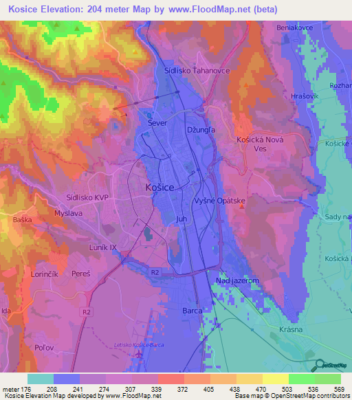 Kosice,Slovakia Elevation Map