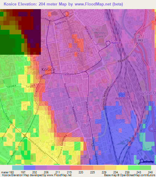Kosice,Slovakia Elevation Map