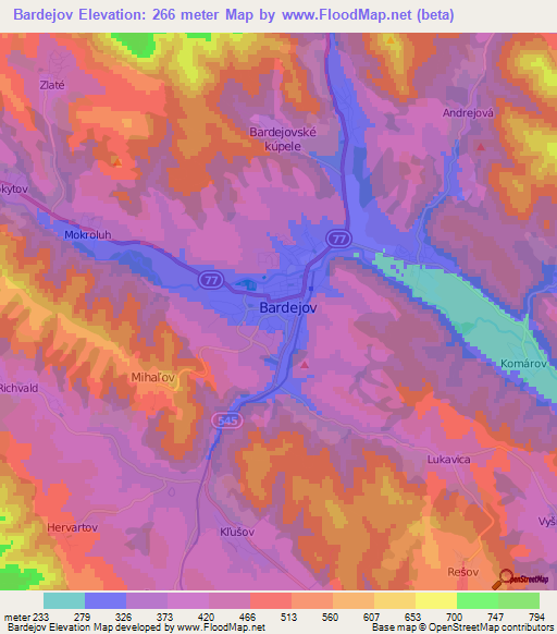 Bardejov,Slovakia Elevation Map
