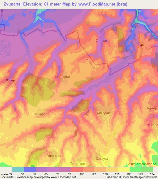 Zvunartsi,Bulgaria Elevation Map