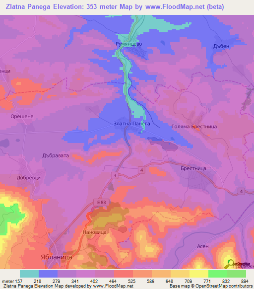 Zlatna Panega,Bulgaria Elevation Map