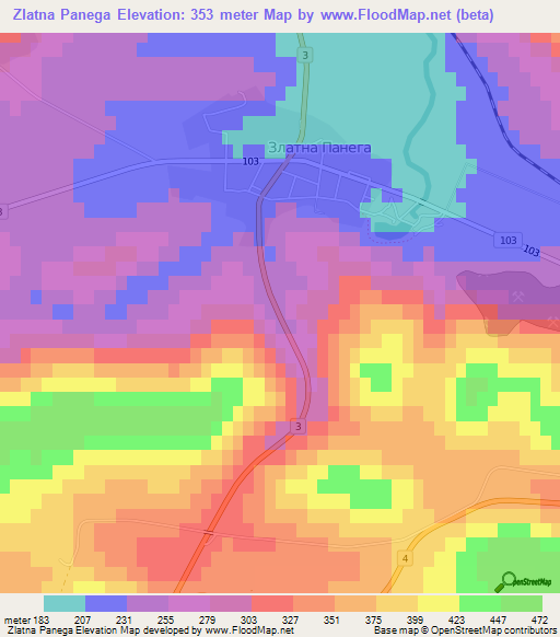 Zlatna Panega,Bulgaria Elevation Map