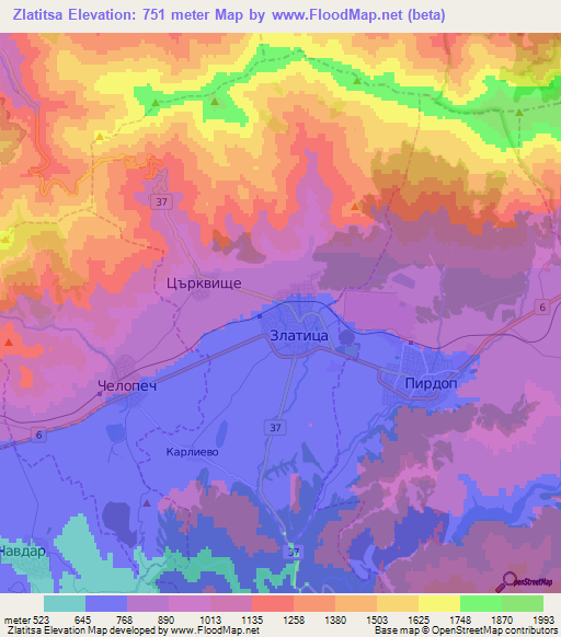 Zlatitsa,Bulgaria Elevation Map