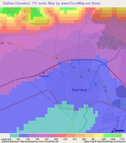 Zlatitsa,Bulgaria Elevation Map