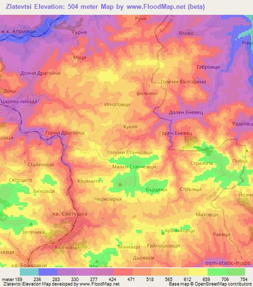 Zlatevtsi,Bulgaria Elevation Map