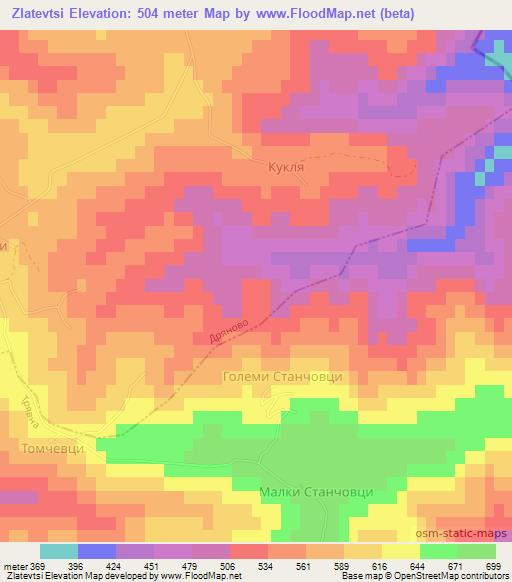 Zlatevtsi,Bulgaria Elevation Map