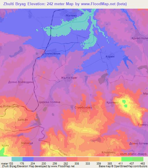 Zhulti Bryag,Bulgaria Elevation Map