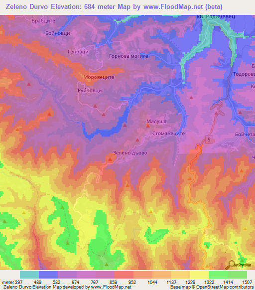 Zeleno Durvo,Bulgaria Elevation Map