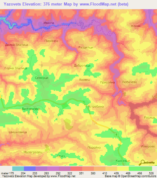Yazovets,Bulgaria Elevation Map