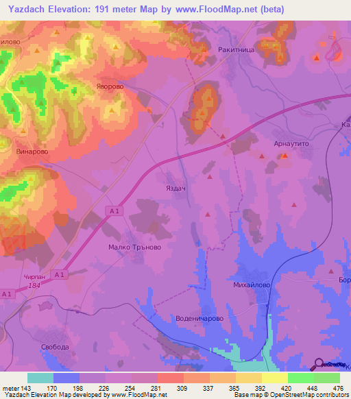 Yazdach,Bulgaria Elevation Map