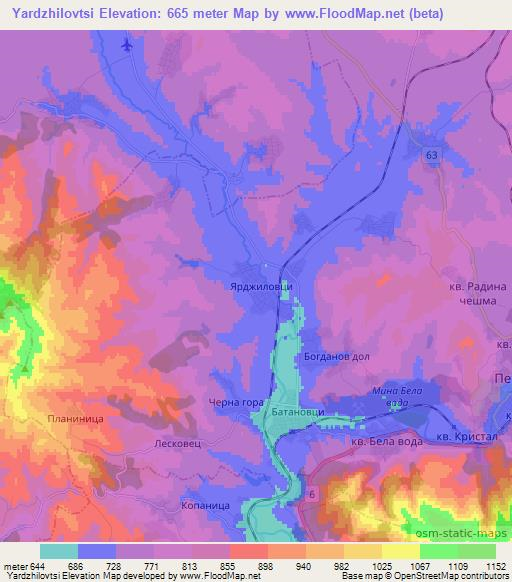 Yardzhilovtsi,Bulgaria Elevation Map