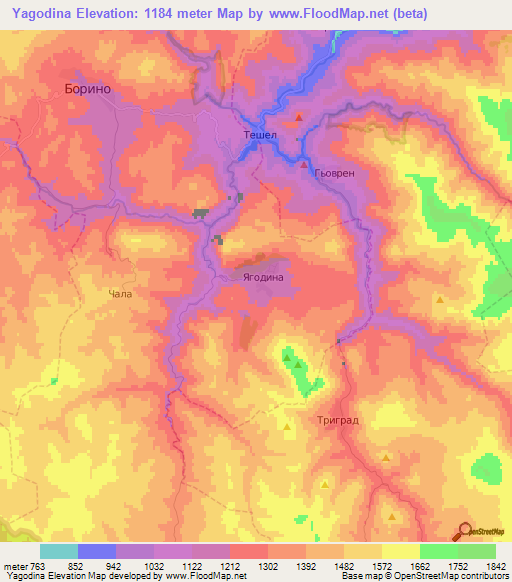 Yagodina,Bulgaria Elevation Map