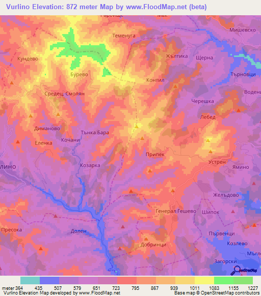 Vurlino,Bulgaria Elevation Map