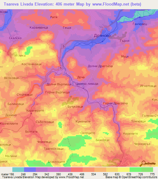 Tsareva Livada,Bulgaria Elevation Map