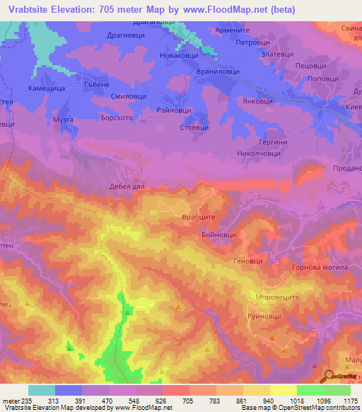 Vrabtsite,Bulgaria Elevation Map
