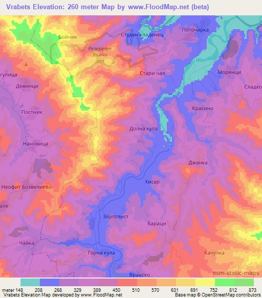 Vrabets,Bulgaria Elevation Map