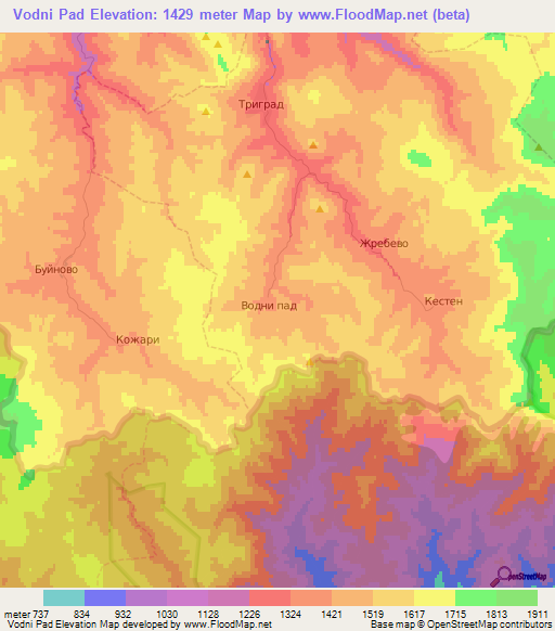 Vodni Pad,Bulgaria Elevation Map