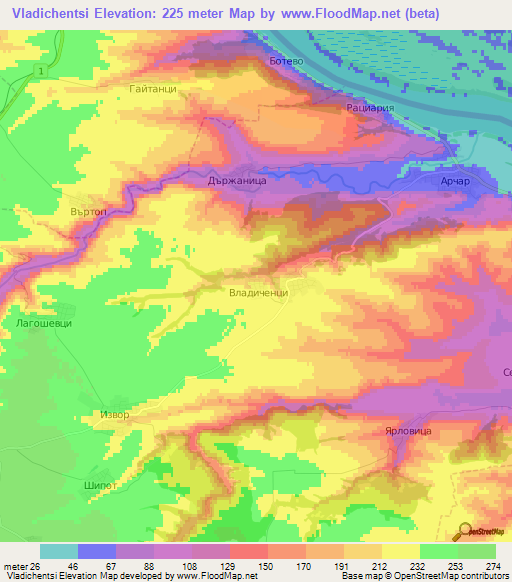 Vladichentsi,Bulgaria Elevation Map