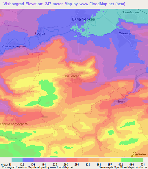 Vishovgrad,Bulgaria Elevation Map