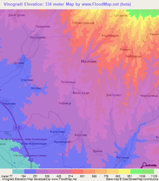 Vinogradi,Bulgaria Elevation Map