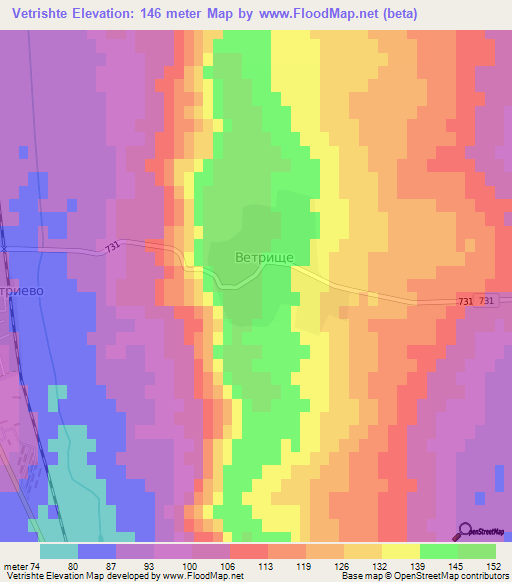 Vetrishte,Bulgaria Elevation Map