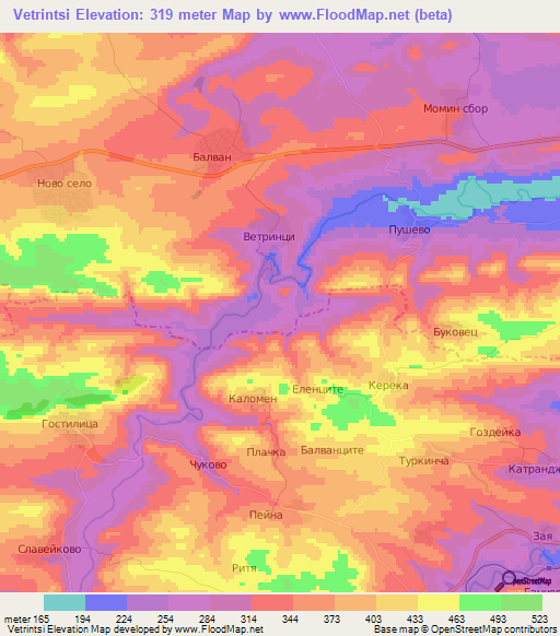 Vetrintsi,Bulgaria Elevation Map