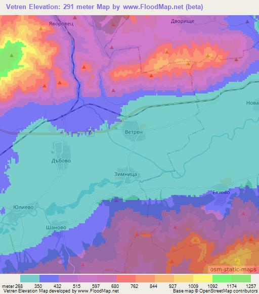 Vetren,Bulgaria Elevation Map