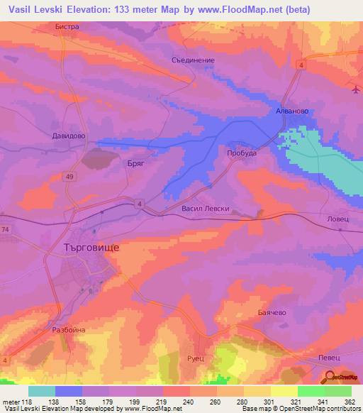 Vasil Levski,Bulgaria Elevation Map