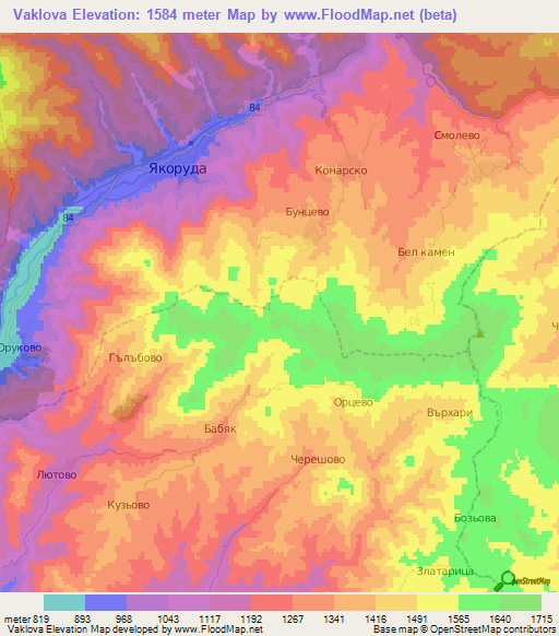 Vaklova,Bulgaria Elevation Map