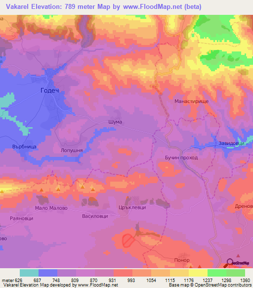 Vakarel,Bulgaria Elevation Map