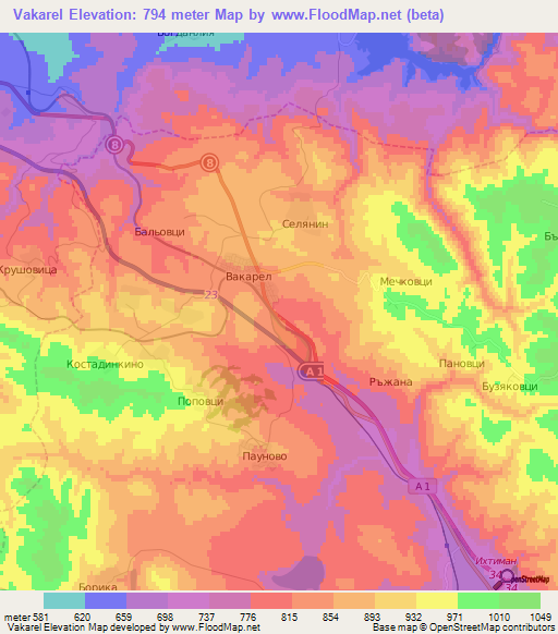 Vakarel,Bulgaria Elevation Map