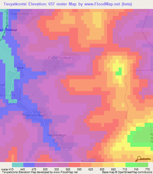 Tsvyatkovtsi,Bulgaria Elevation Map
